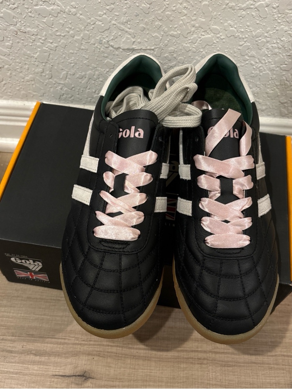 Gola Black Sneakers with Pink Satin Laces and White Stripes